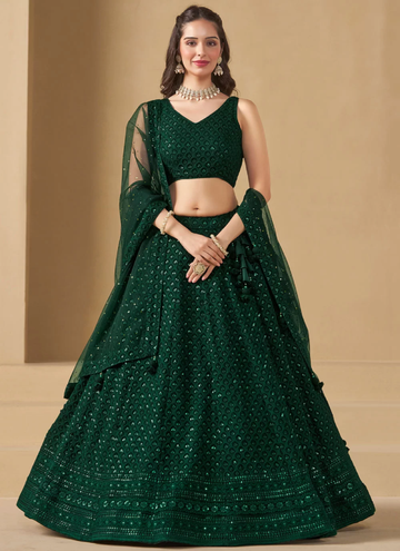 Delightful Bottle Green Sequins Embroidered Lehenga Choli For Mehendi